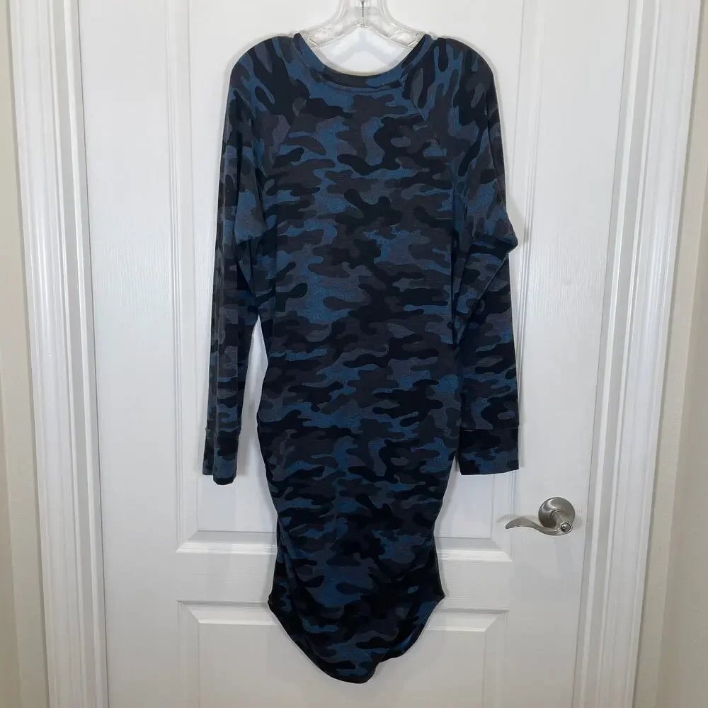 Sundry Sweatshirt Dress Blue Black Camo Print Ruched Sides Evereve 4 XL‎